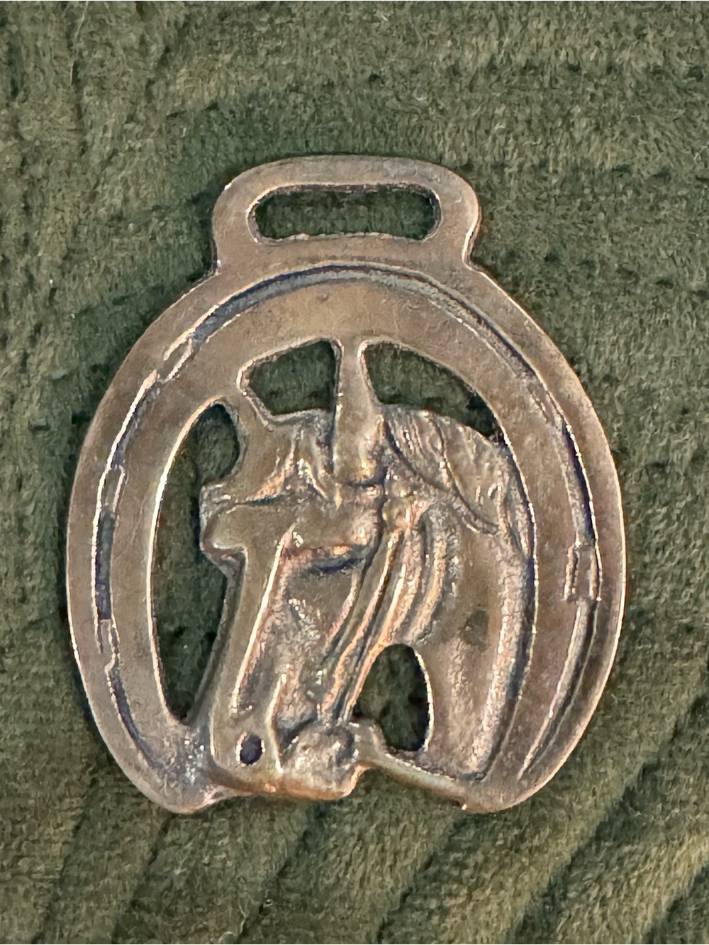Vintage English Cast Brass Horse Saddle Harness Medallion- Lucky Horse Shoe